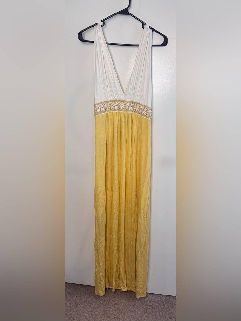 Sunshine Yellow and White Low Back Maxi Dress with Floral Decorative Trim Size L